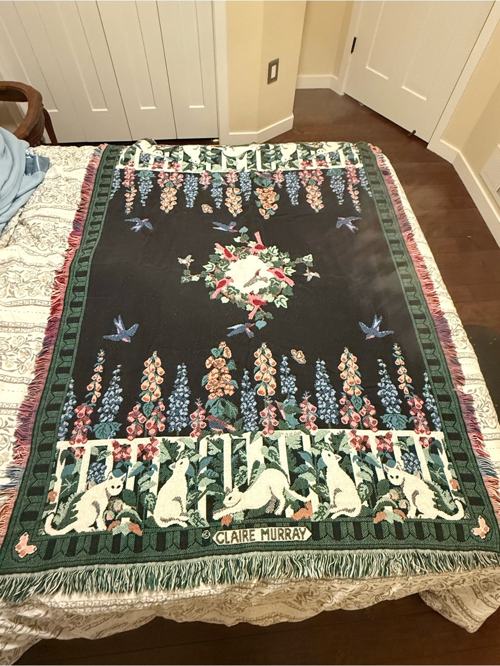 Claire Murray Floral & Cat Woven Throw Blanket - Navy